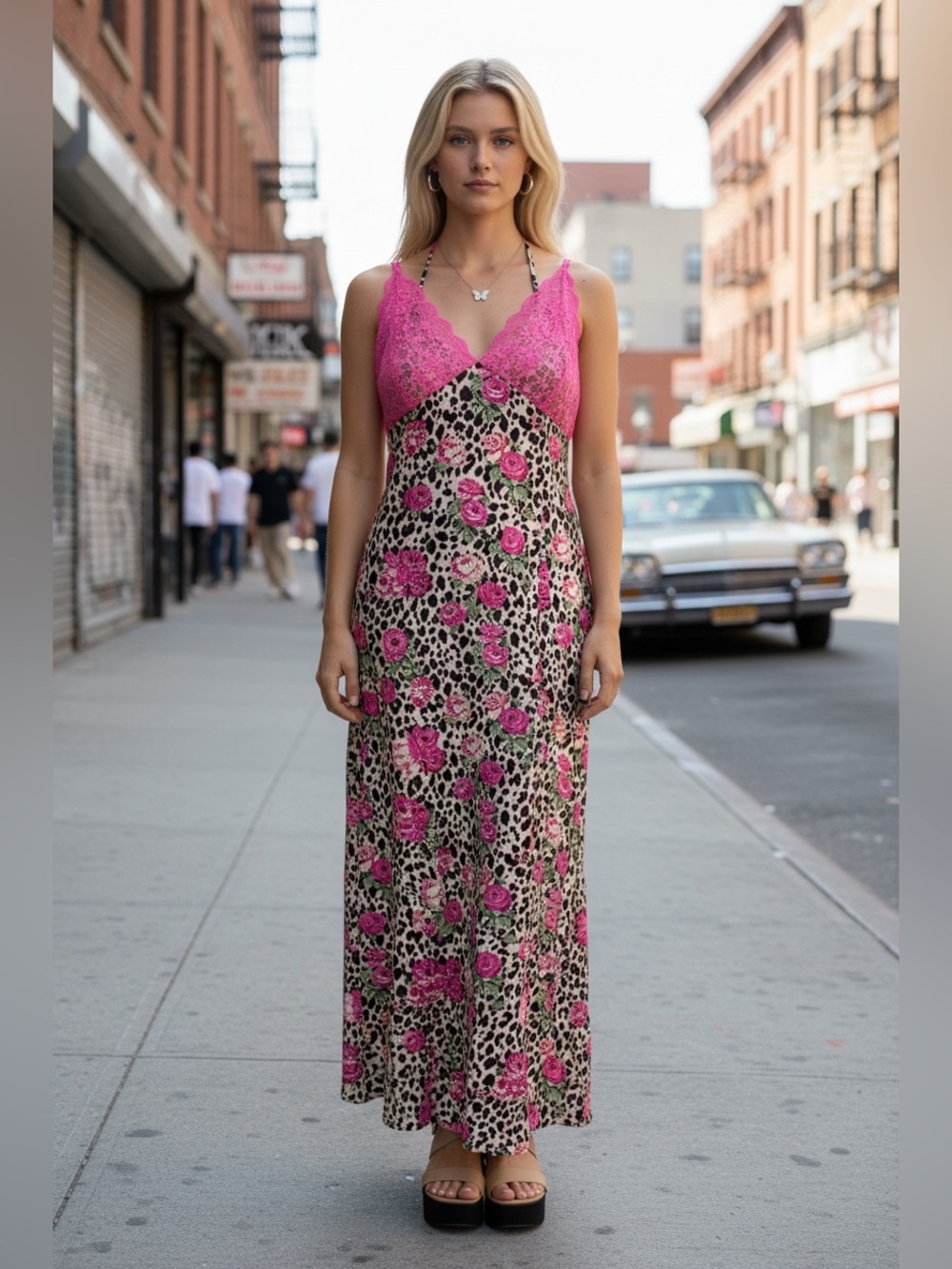 NWOT Luv Betsey by Betsey Johnson XL Maxi Dress Pink Lace Leopard Floral Roses